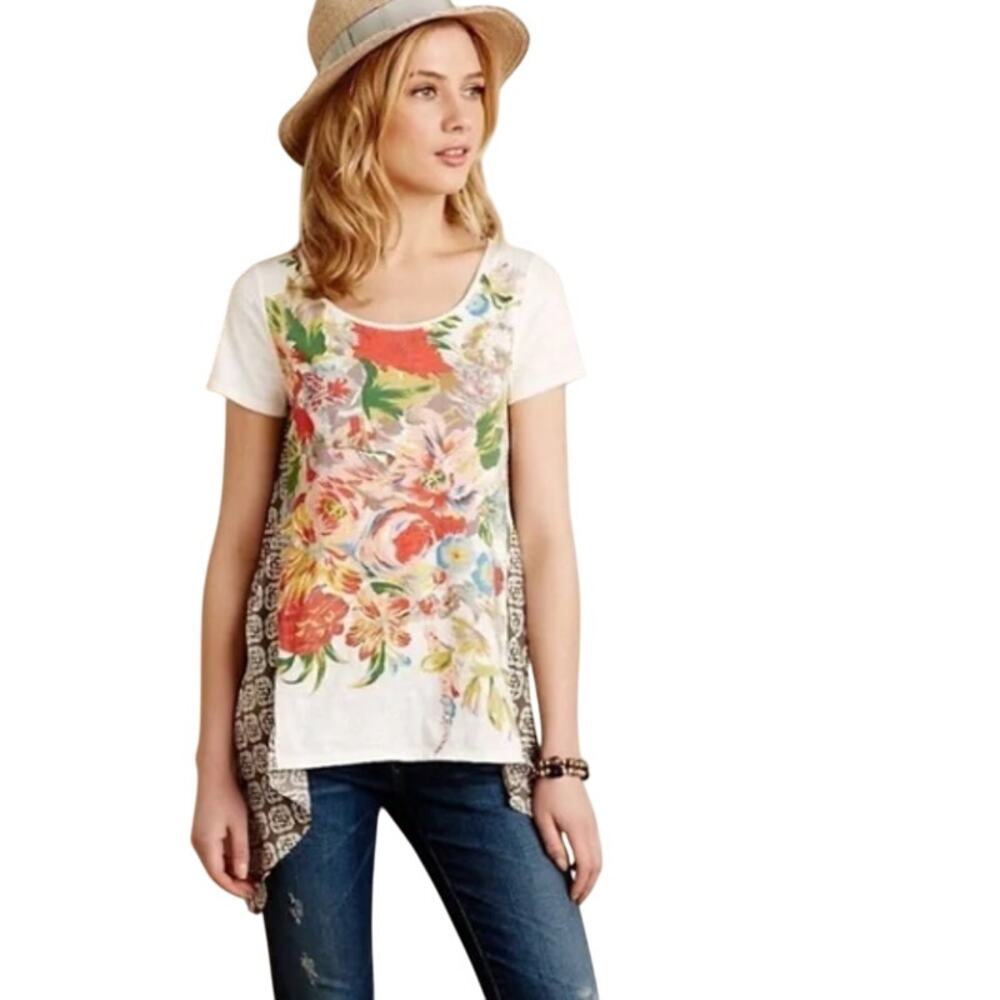 Anthropologie Little Yellow Button Elysia Mixed Media Print Tee Shirt Small